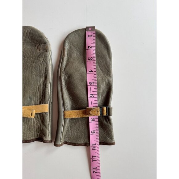 Vintage Unbranded Grey Olive Green Leather Mittens Gloves - Picture 14 of 16